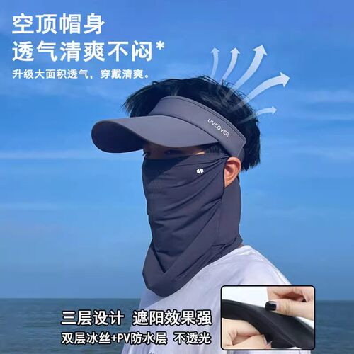 防晒帽大帽檐遮阳男士骑车空顶男款夏季一体防晒户外防紫外线面罩 - 图1
