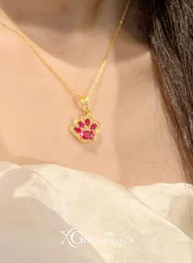 中古爆闪猫爪红色锆石满钻项链小众设计精致复古轻奢高级感锁骨链