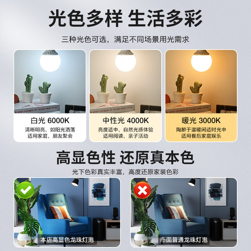 龙珠灯泡led灯三色变光e27螺口节能玻璃暖光圆形球泡吊灯护眼照明 - 图2