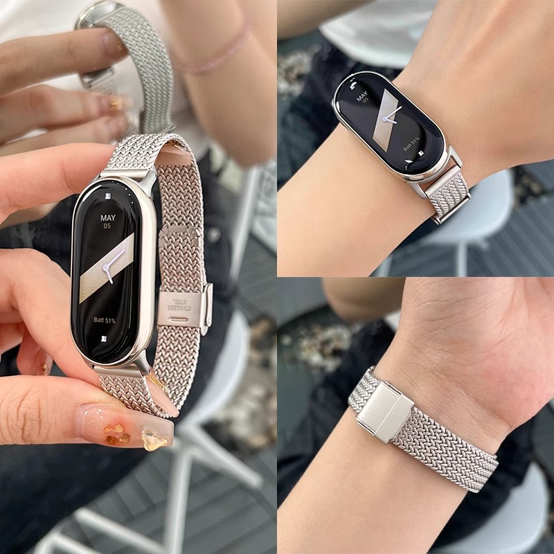 适用小米手环8手表带9金属米兰星光色磁吸腕带nfc版男女生快拆卡扣智能运动手环九牛仔小香八代替换带风夏天