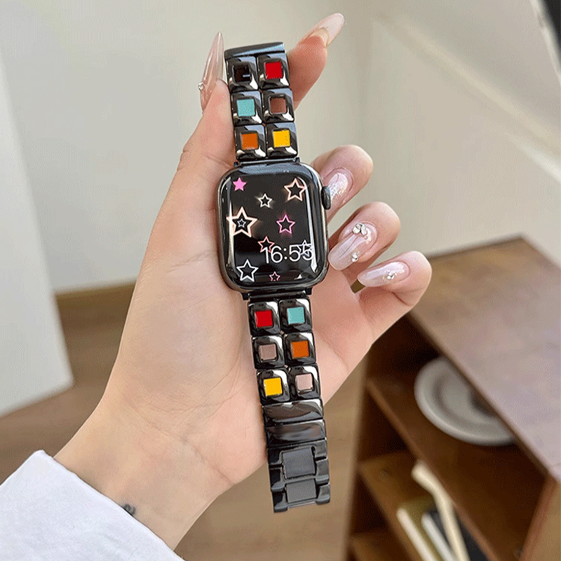 七彩小方格星光色金属表带适用iwatch S9新款苹果applewatch表带87654代se手表表带S8金属高级小众女款手表带-图1