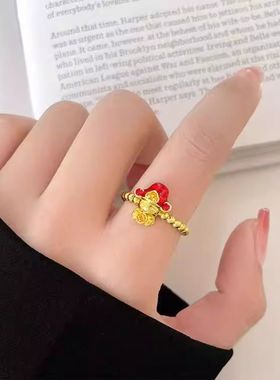 财神爷新年红色可调节素圈戒指女小众设计情侣男指环高级感食指戒