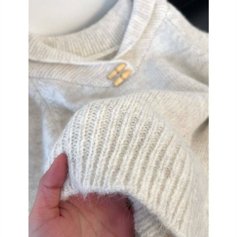 慵懒风牛角扣灰色翻领毛衣女早秋装大码内搭插肩袖正肩针织衫,淘宝优惠券,粉丝福利购,淘宝优惠卷