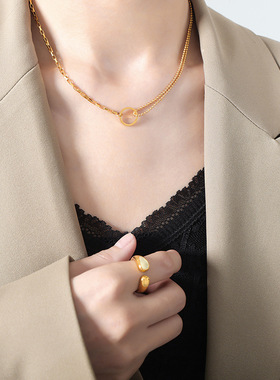 欧美西太后气质方形盒子链米珠链不对称设计感圆环吊坠钛钢项链女