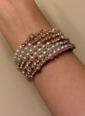 Vintage古着仿珍珠多圈少女手镯早秋新款高颜值手环气质个性手饰