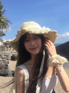 镂空编织草帽女夏季海边度假田园风蕾丝系带大檐防晒百搭渔夫帽子