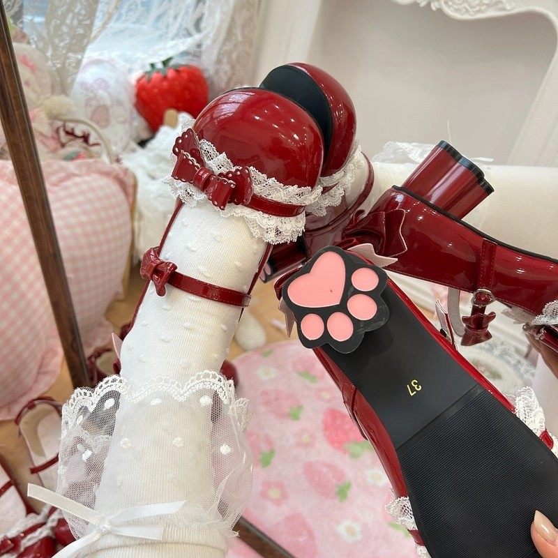 蔻孜现货【甜心蜜桃】夹心爱蜜桃原创Lolita圆头lo鞋蝴蝶结中跟鞋,淘宝优惠券,粉丝福利购,淘宝优惠卷