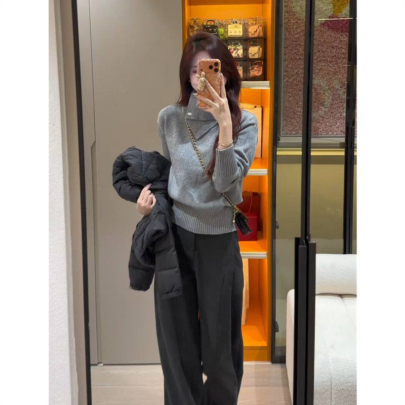 法式不规则灰色高领套头毛衣女秋冬加厚大码内搭翻领针织衫上衣,淘宝优惠券,粉丝福利购,淘宝优惠卷