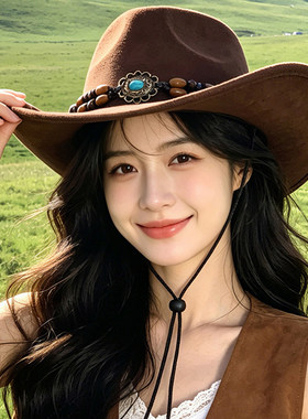 川西旅游西部牛仔帽女夏季大帽檐防晒帽户外登山民族风复古骑士帽