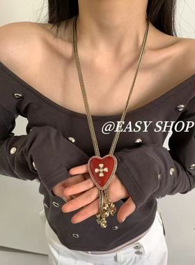韩系ins复古爱心十字架吊坠项链女时尚百搭长款毛衣链小众设计感