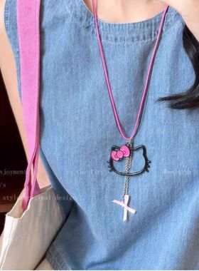 甜美少女镂空蝴蝶结kt猫挂件项链2026新款甜酷风锁骨链挂脖配饰