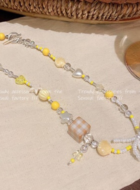 多巴胺黄色串珠蝴蝶结项链女甜美百搭小众设计锁骨链ins风配饰品