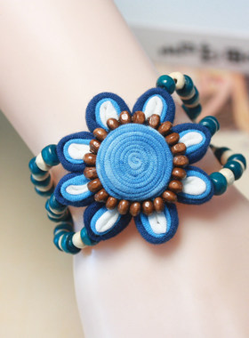 云南大理古城民族风白族手工扎染布艺手链蓝染花朵个性旅拍饰品