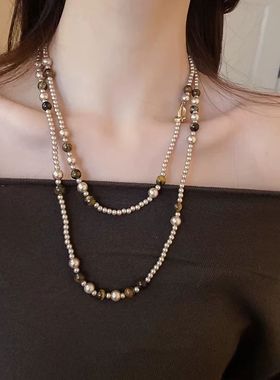 琥珀流光中古vintage双层虎眼色项链长款毛衣颈链配饰女高级感