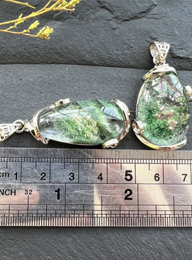 苔丝 珠宝天然幽灵绿幽灵千层聚宝盆水滴银镶嵌包边吊坠跨境批发