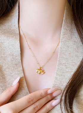 新款微镶金色小马钱币吊坠项链女轻奢小众气质毛衣链高级感配饰品