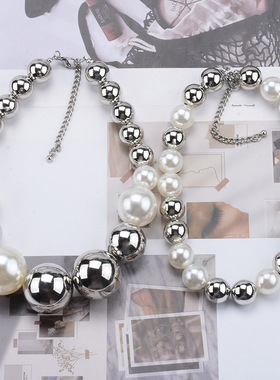 欧美时尚ZA新款银白圆形珍珠项链冷淡风夸张双层设计锁骨链女批发