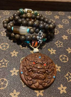 沉香木醒狮项链 搭配一线药师天珠 祥云天珠 天珠 金刚杵时尚配饰