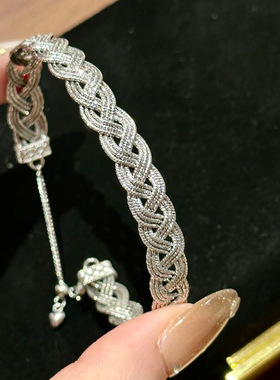 S925纯银蕾丝麻花麦穗蹦迪珠抽拉手镯女款复古轻奢爆款手环