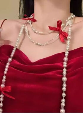 仿真珍珠灯火揉皱时尚蝴蝶结丝带流苏长款项链配饰女款高级感多层