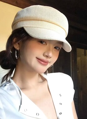 法式高级感亚麻编织纯色贝雷帽女春秋薄款透气八角帽显脸小报童帽
