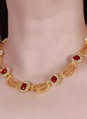 复古项链女夸张中古宫廷风扇形网红款锁骨链套装配饰法式红色金色