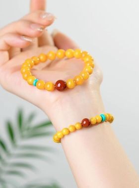 老黄蜜蜡手串南红高端琥珀绿松石原文玩矿新中式男女士手链