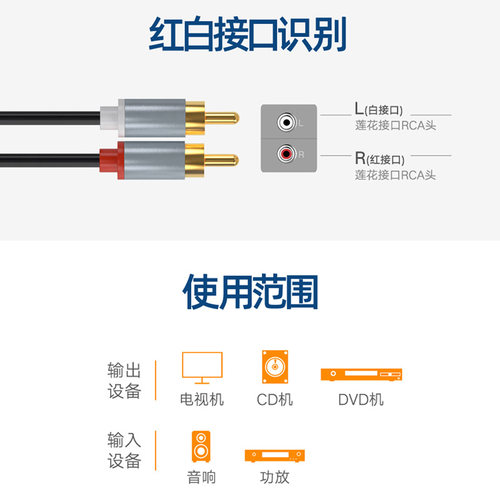 腾飞双莲花头音频线2rca二对二红白信号输出线AV通用DVD电视音响 - 图2