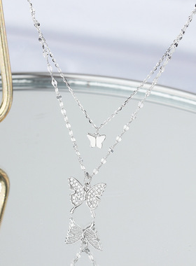 S925纯银蝴蝶项链女颈戴小众设计感网红送礼物双层锁骨链银饰