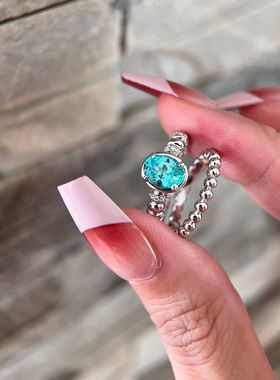 小众镀银锆石微镶戒指女2024新款轻奢海蓝色高级指环帕拉伊巴尾戒