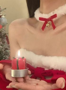 秋冬氛围感圣诞节丝绒蝴蝶结铃铛项链女新年毛绒choker颈链锁骨链