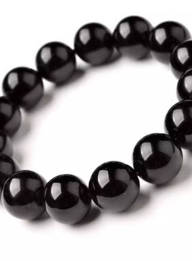 收藏级乌金黑曜石手链天然黑耀石黑色珠子串珠散珠单圈手串男女款