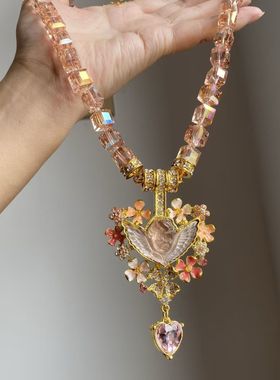 「睡梦天使」粉色串珠爱心流苏项链复古珐琅轻奢气质vintage项链