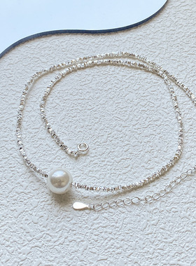 s925纯银碎银子珍珠项链女日韩简约轻奢时髦不规则切割方块毛衣链