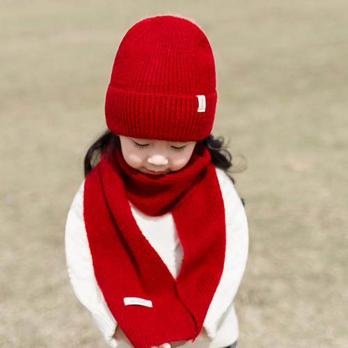 秋冬季儿童帽子围巾套装女童针织毛线帽圣诞节男童宝宝保暖红色 - 图2
