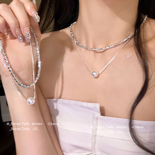 Double layer crushed silver pearl pendant necklace