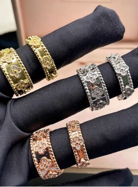 四叶草万花筒戒指女V金镀18k黄玫瑰金窄版宽版满钻轻奢小众高级感