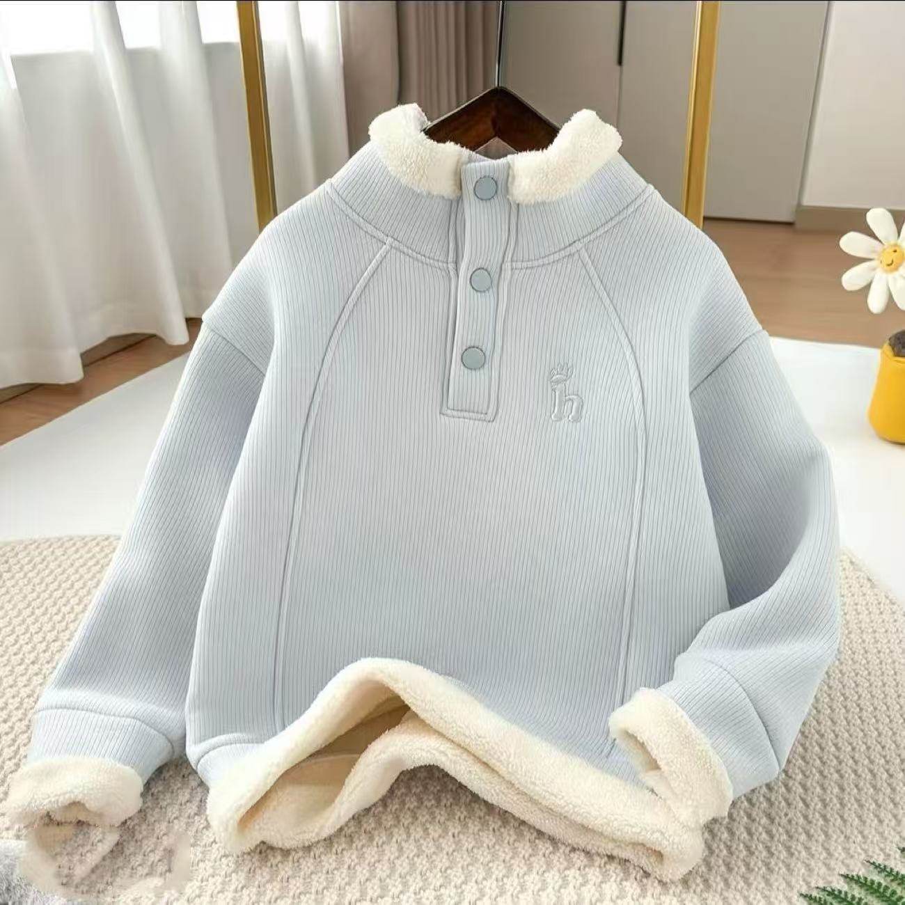 羊驼绒男女童外套加绒新款儿童时髦卫衣冬装中大童蓝色秋冬上衣,淘宝优惠券,粉丝福利购,淘宝优惠卷