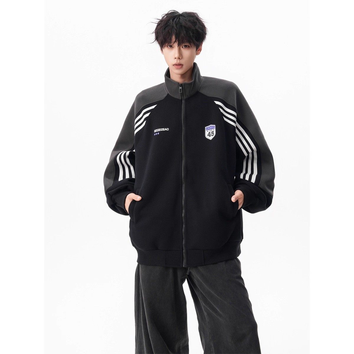 美式条纹撞色立领开衫卫衣男女春秋冬学院风宽松休闲运动夹克外套,淘宝优惠券,粉丝福利购,淘宝优惠卷