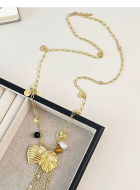 古早文艺风!金色贝壳流苏长款项链度假风新款春夏吊坠小众颈链女