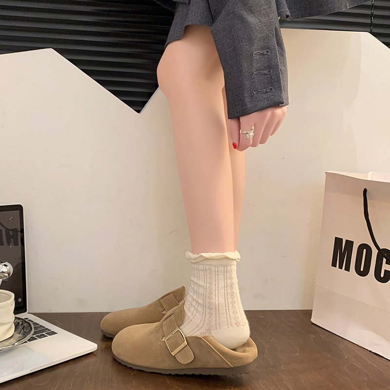 超软羊皮平底勃肯鞋女2025秋季新款防滑一脚蹬两穿包头半拖鞋单鞋 - 图0