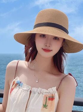 草帽女草编帽夏防晒沙滩帽海边太阳帽遮阳帽潮全脸大帽檐高颜值