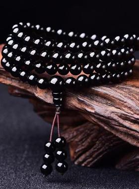 纯黑乌金黑曜石手串链佛珠手链