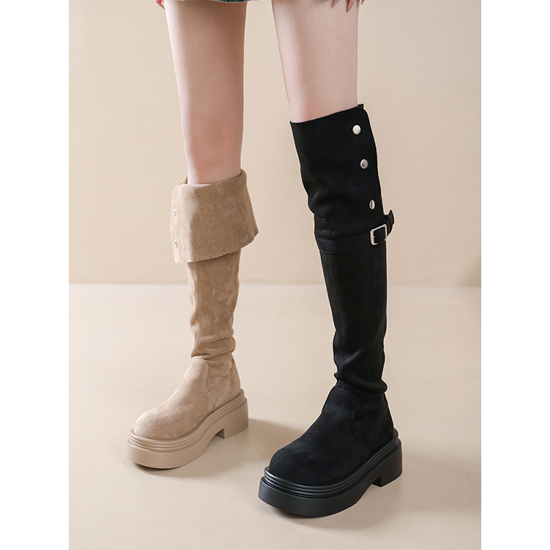 美拉德翻折厚底长筒靴子女2025年秋冬季新款粗跟过膝骑士靴鞋子 - 图0