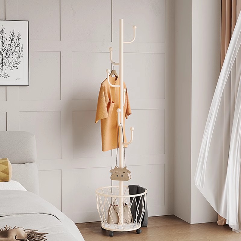 带轮衣帽架落地卧室家用移动衣服架子脏衣篓多功能收纳铁艺挂衣架 - 图1