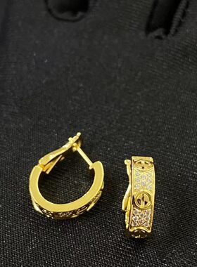 法式经典螺丝纹圆圈耳扣轻奢带钻金色耳环简约百搭显气质男女同款