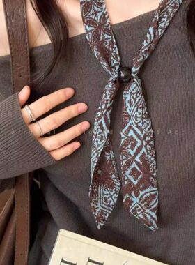 复古菱形格纹丝巾项链女款秋冬系脖抽拉毛衣链高级感时尚挂脖配饰