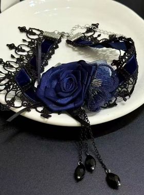 暗黑哥特风蕾丝玫瑰花朵项链女辣妹轻奢choker小众精致颈链配饰潮