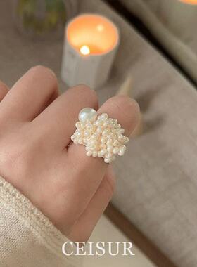 【青提米露】手作款清透冰绿色串珠宽版戒指小众设计清冷感食指戒