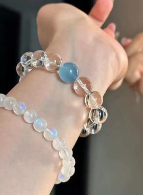 爆款露丝同款冰透感净化仿白水晶海蓝宝手串白色水晶手链手串